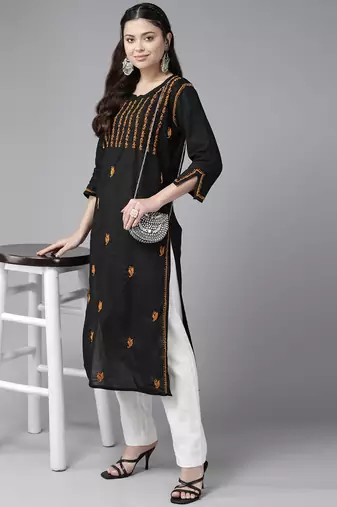 Hand Crafted Black & Mustard Cotton Lucknowi Chikankari Indian Women Kurta