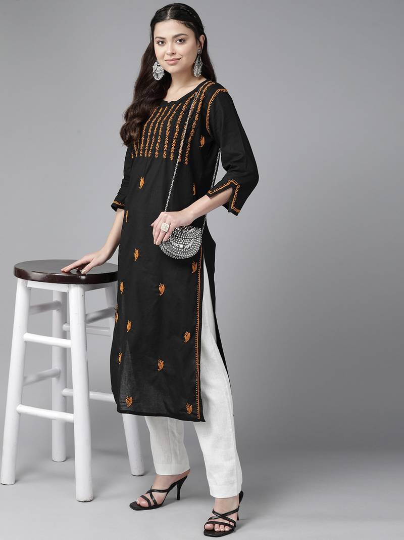 Hand Crafted Black & Mustard Cotton Lucknowi Chikankari Indian Women Kurta