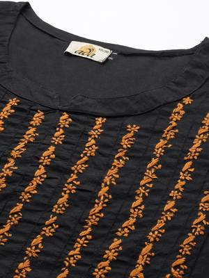 Hand Crafted Black & Mustard Cotton Lucknowi Chikankari Indian Women Kurta 5