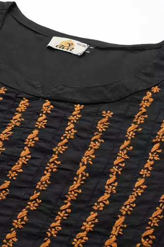 Hand Crafted Black & Mustard Cotton Lucknowi Chikankari Indian Women Kurta