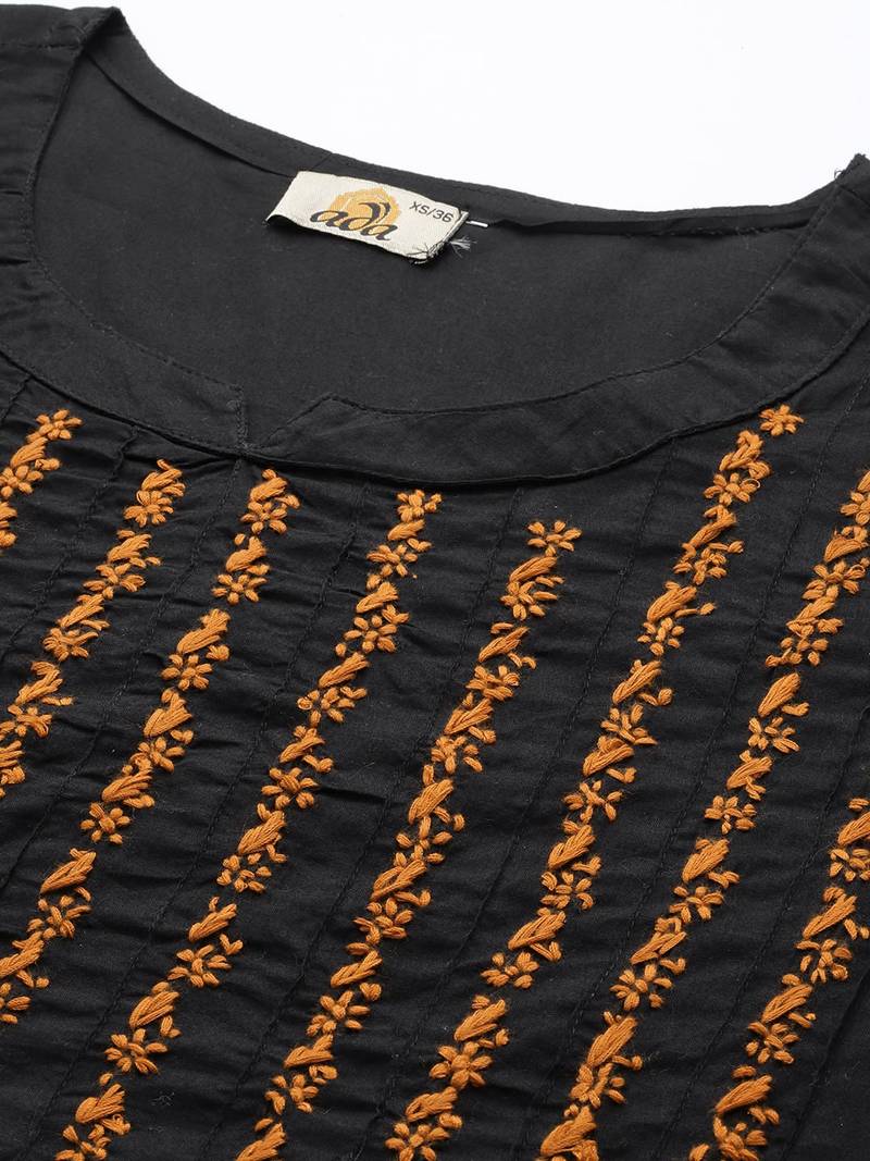 Hand Crafted Black & Mustard Cotton Lucknowi Chikankari Indian Women Kurta