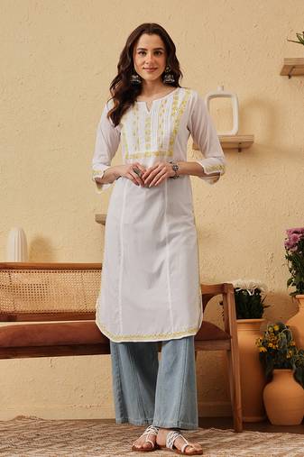 Handmade White & Lime Green Cotton Lucknowi Chikankari Indian Women Straight Kurta