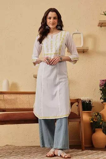 Handmade White & Lime Green Cotton Lucknowi Chikankari Indian Women Straight Kurta