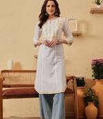 Handmade White & Lime Green Cotton Lucknowi Chikankari Indian Women Straight Kurta