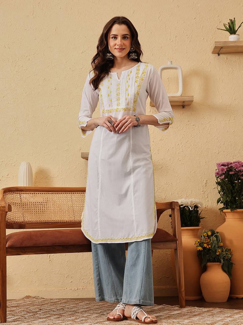 Handmade White & Lime Green Cotton Lucknowi Chikankari Indian Women Straight Kurta