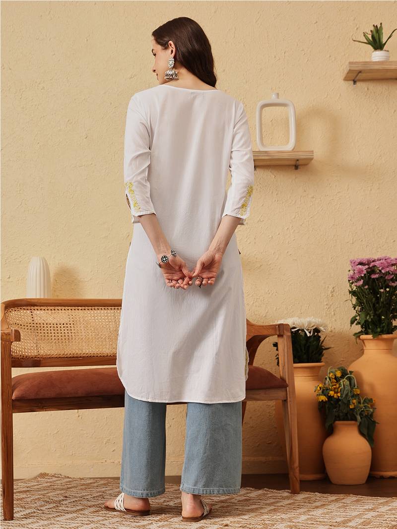 Handmade White & Lime Green Cotton Lucknowi Chikankari Indian Women Straight Kurta