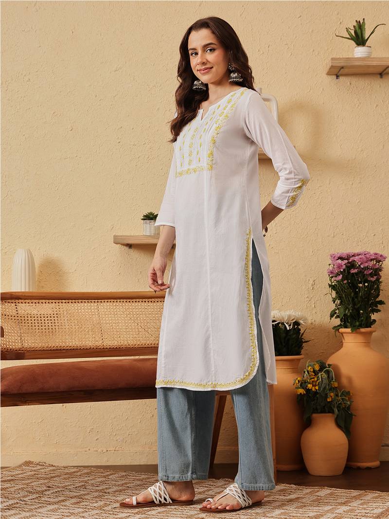 Handmade White & Lime Green Cotton Lucknowi Chikankari Indian Women Straight Kurta