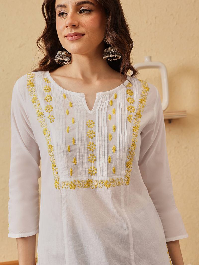 Handmade White & Lime Green Cotton Lucknowi Chikankari Indian Women Straight Kurta