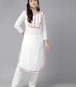 Hand Crafted White & Rust Cotton Lucknowi Chikankari Indian Women Straight Kurta