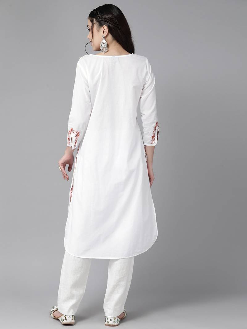 Hand Crafted White & Rust Cotton Lucknowi Chikankari Indian Women Straight Kurta