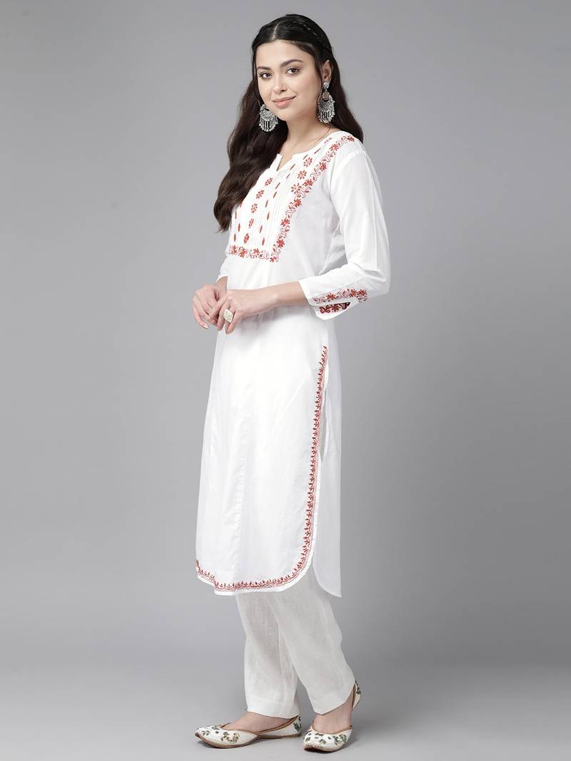 Hand Crafted White & Rust Cotton Lucknowi Chikankari Indian Women Straight Kurta