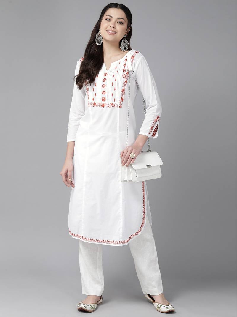 Hand Crafted White & Rust Cotton Lucknowi Chikankari Indian Women Straight Kurta