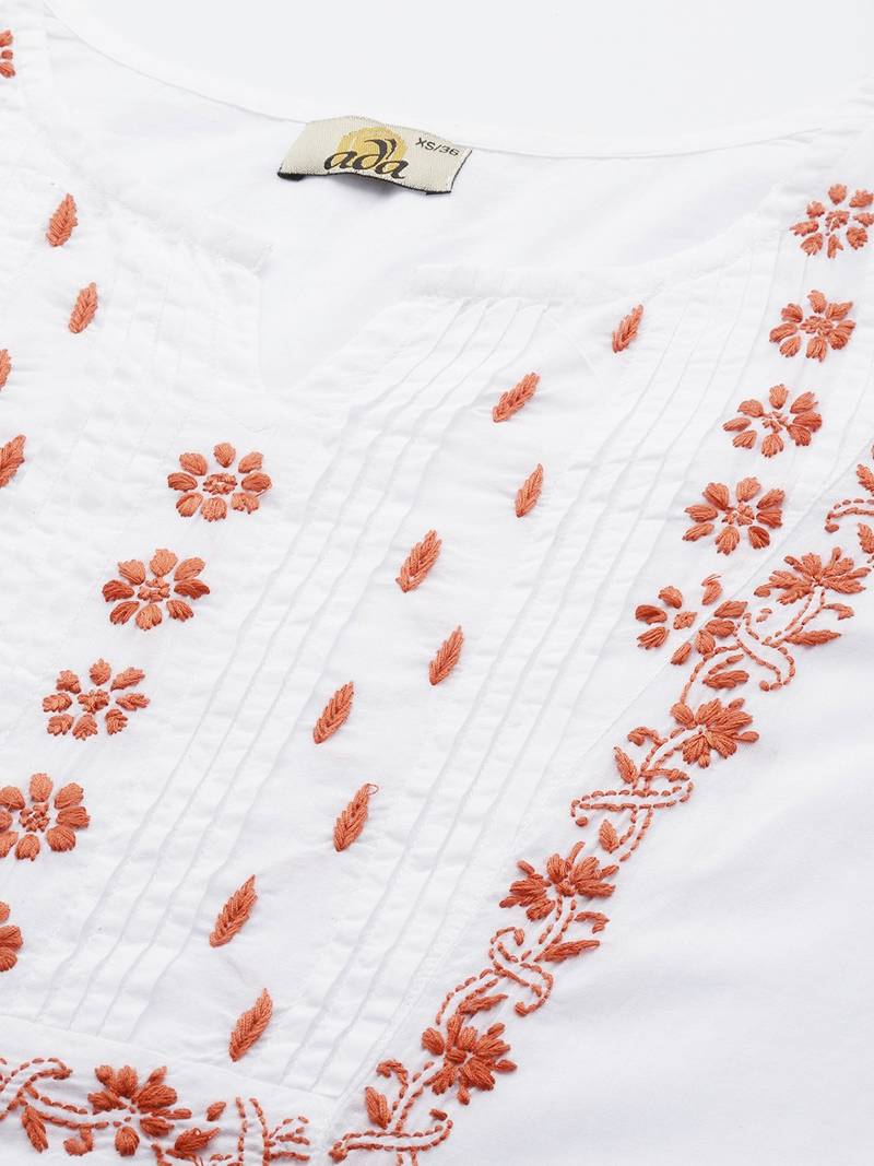 Hand Crafted White & Rust Cotton Lucknowi Chikankari Indian Women Straight Kurta