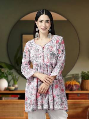Hand Crafted Floral Printed Grey & Pink Cotton Lucknowi Chikankari Indian Women Flared Short Kurti 1