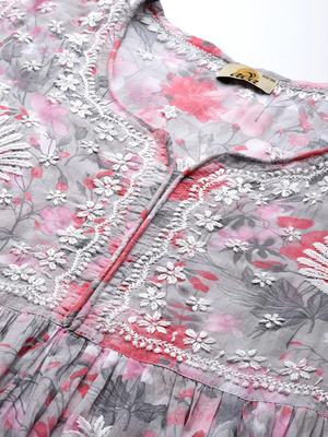 Hand Crafted Floral Printed Grey & Pink Cotton Lucknowi Chikankari Indian Women Flared Short Kurti 2