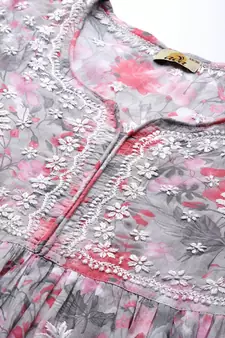 Hand Crafted Floral Printed Grey & Pink Cotton Lucknowi Chikankari Indian Women Flared Short Kurti