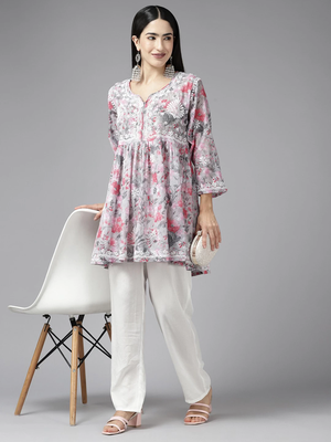 Hand Crafted Floral Printed Grey & Pink Cotton Lucknowi Chikankari Indian Women Flared Short Kurti 3