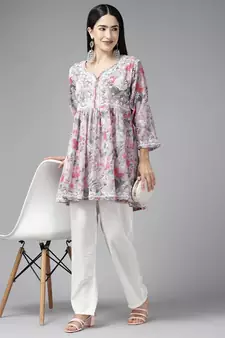 Hand Crafted Floral Printed Grey & Pink Cotton Lucknowi Chikankari Indian Women Flared Short Kurti