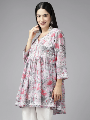 Hand Crafted Floral Printed Grey & Pink Cotton Lucknowi Chikankari Indian Women Flared Short Kurti 4