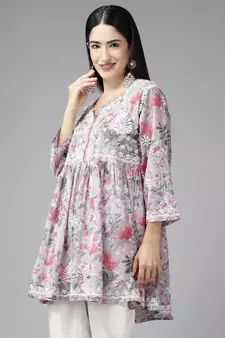 Hand Crafted Floral Printed Grey & Pink Cotton Lucknowi Chikankari Indian Women Flared Short Kurti