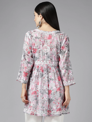 Hand Crafted Floral Printed Grey & Pink Cotton Lucknowi Chikankari Indian Women Flared Short Kurti 5
