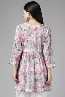 Hand Crafted Floral Printed Grey & Pink Cotton Lucknowi Chikankari Indian Women Flared Short Kurti