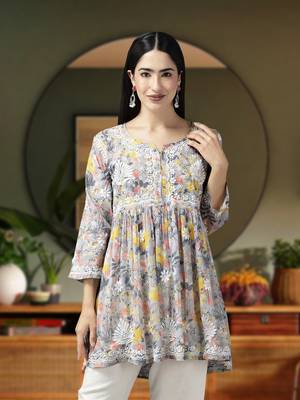 Women Handmade Lucknowi Chikankari Grey & Yellow Cotton Floral Print Paplum Short Kurti 1