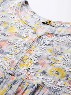 Women Handmade Lucknowi Chikankari Grey & Yellow Cotton Floral Print Paplum Short Kurti 2