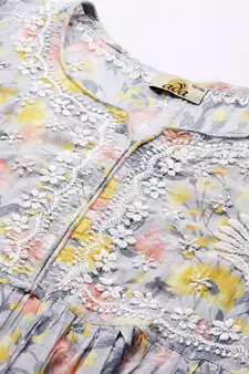 Women Handmade Lucknowi Chikankari Grey & Yellow Cotton Floral Print Paplum Short Kurti