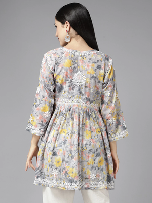 Women Handmade Lucknowi Chikankari Grey & Yellow Cotton Floral Print Paplum Short Kurti 3