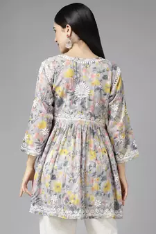 Women Handmade Lucknowi Chikankari Grey & Yellow Cotton Floral Print Paplum Short Kurti