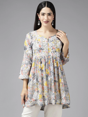 Women Handmade Lucknowi Chikankari Grey & Yellow Cotton Floral Print Paplum Short Kurti 4
