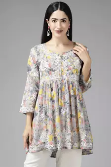 Women Handmade Lucknowi Chikankari Grey & Yellow Cotton Floral Print Paplum Short Kurti