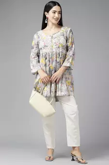 Women Handmade Lucknowi Chikankari Grey & Yellow Cotton Floral Print Paplum Short Kurti