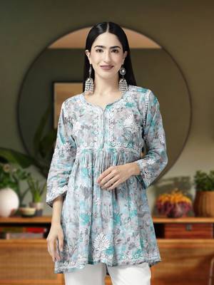 Women Hand Crafted Lucknowi Chikankari Grey & Green Cotton Floral Print Paplum Short Kurti 1