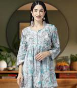 Women Hand Crafted Lucknowi Chikankari Grey & Green Cotton Floral Print Paplum Short Kurti