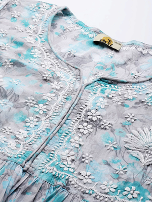 Women Hand Crafted Lucknowi Chikankari Grey & Green Cotton Floral Print Paplum Short Kurti 2