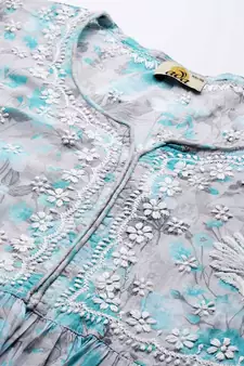 Women Hand Crafted Lucknowi Chikankari Grey & Green Cotton Floral Print Paplum Short Kurti