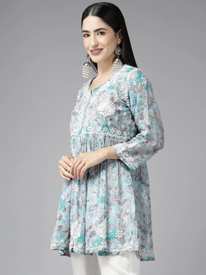 Women Hand Crafted Lucknowi Chikankari Grey & Green Cotton Floral Print Paplum Short Kurti 3