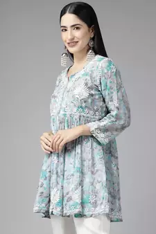Women Hand Crafted Lucknowi Chikankari Grey & Green Cotton Floral Print Paplum Short Kurti