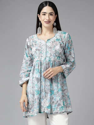 Women Hand Crafted Lucknowi Chikankari Grey & Green Cotton Floral Print Paplum Short Kurti 4