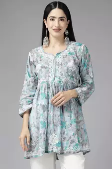 Women Hand Crafted Lucknowi Chikankari Grey & Green Cotton Floral Print Paplum Short Kurti
