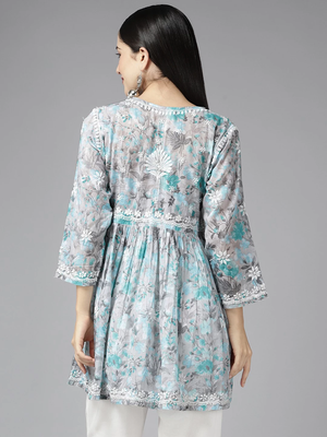 Women Hand Crafted Lucknowi Chikankari Grey & Green Cotton Floral Print Paplum Short Kurti 5