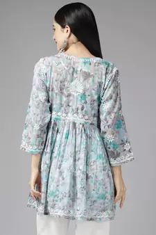 Women Hand Crafted Lucknowi Chikankari Grey & Green Cotton Floral Print Paplum Short Kurti
