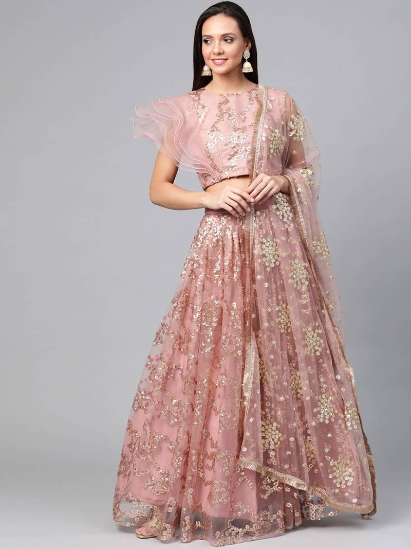 Peach Coloured Semi Stitched Lehenga & Unstitched Blouse with Dupatta