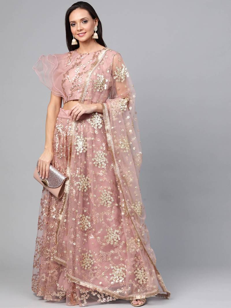 Peach Coloured Semi Stitched Lehenga & Unstitched Blouse with Dupatta
