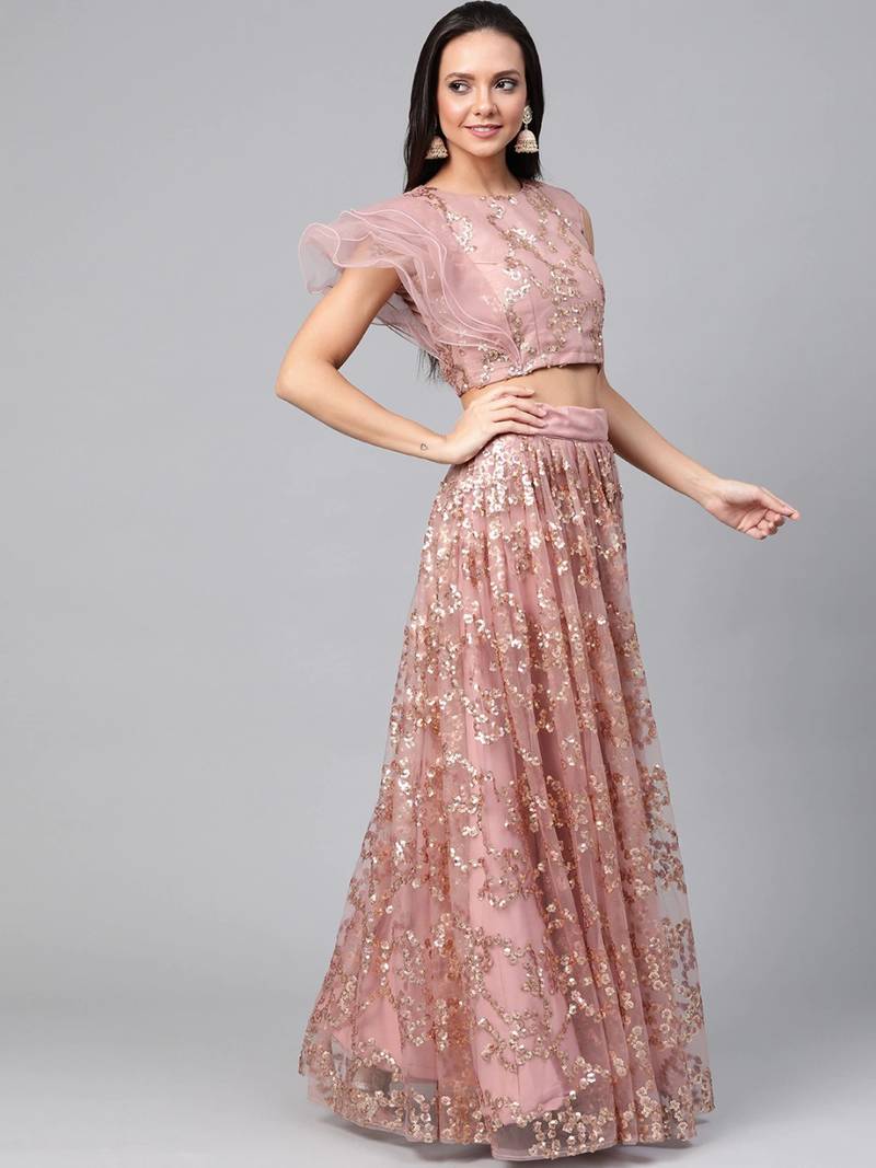 Peach Coloured Semi Stitched Lehenga & Unstitched Blouse with Dupatta