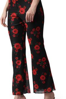 Popwings Casual Black Floral Print Straight Fit Highrise Women Sheer Pants