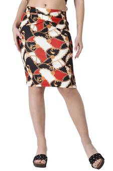 Popwings Women Red  Black Chain Printed Pencil Skirt