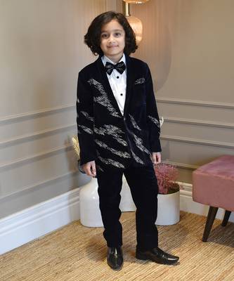 Dark Blue Embroidered Velvet Coat Set 1